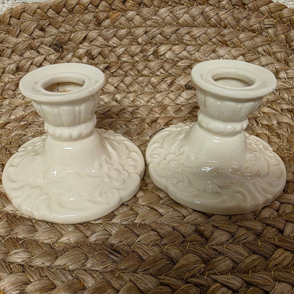 Noritake Ivory Porcelain Ceramic 3" Candle Holders Pair Cream Japan Hand-Painted